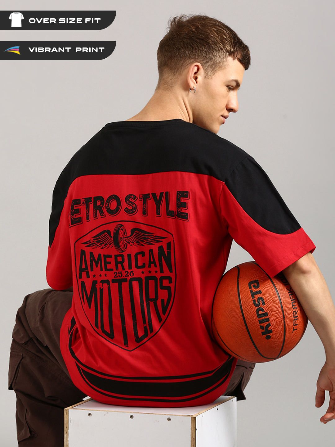 Red & Black Oversized Printed Cut& Sew Baseball T-shirt-S