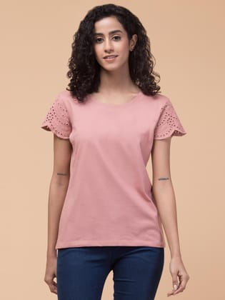 Hive91 Womens Light Salmon Pink T-shirt with Eyelet-Patterned Short Sleeves XXL