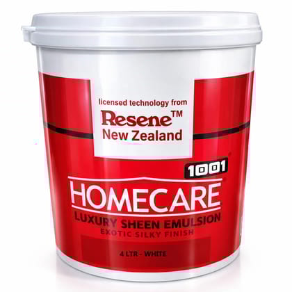 1001 Homecare Luxury Sheen Emulsion Paint White I Glossy HOME CARE Luxury Sheen Emulsion is an interior wall finish that can be applied on all types of smooth Surface- 4 Litre