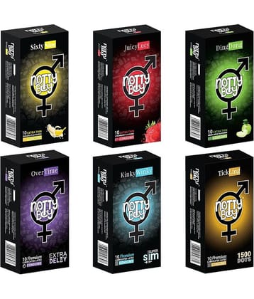 NottyBoy Variety Combo Pack Extra Dotted Slim Over Time Banana Strawberry and Fruit Flavour Condoms - 60 Pcs