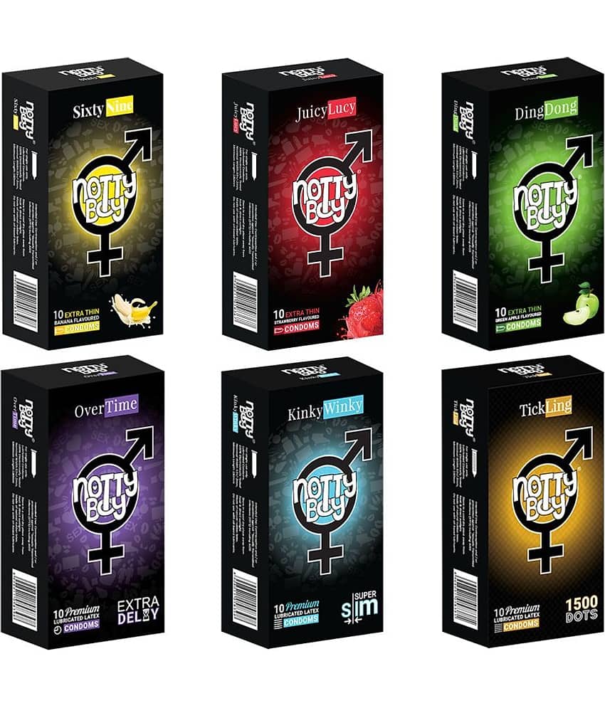 NottyBoy Variety Combo Pack Extra Dotted Slim Over Time Banana Strawberry and Fruit Flavour Condoms - 60 Pcs