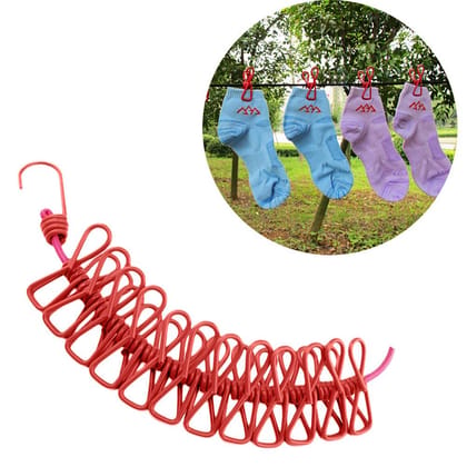 Windproof Clothesline with 12 Clips, Stretchy Retractable Elastic for Indoor Laundry Drying line, Suitable for Indoor and Outdoor, Portable Windproof Non-Slip Drying Rope Pack of 2