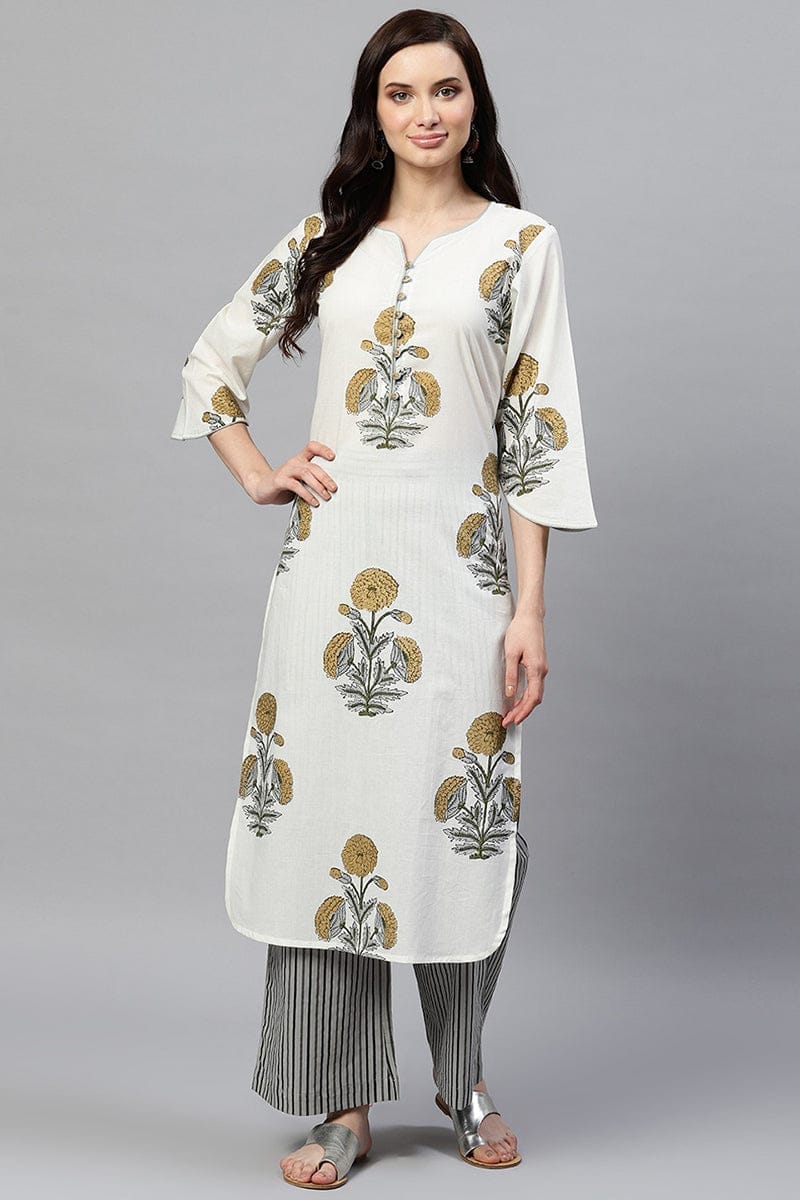 Off White Cotton Ethnic Motifs Kurta Set VKSET1045