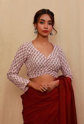 Baby Pink Block Printed Full Sleeves Blouse-XS