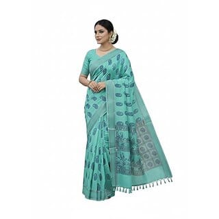 Fancy Linen Cotton Saree Mango Print Linen Saree Lightweight Casual Saree Office Wear Cotton Saree (Teal Blue)