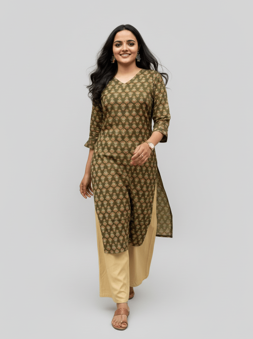 Rivaaj Ethnic Radha Green Cotton Straight Kurta (Size M) | Breathable Pure Cotton V-Neck Design | Casual Ethnic Wear | Traditional Indian Style