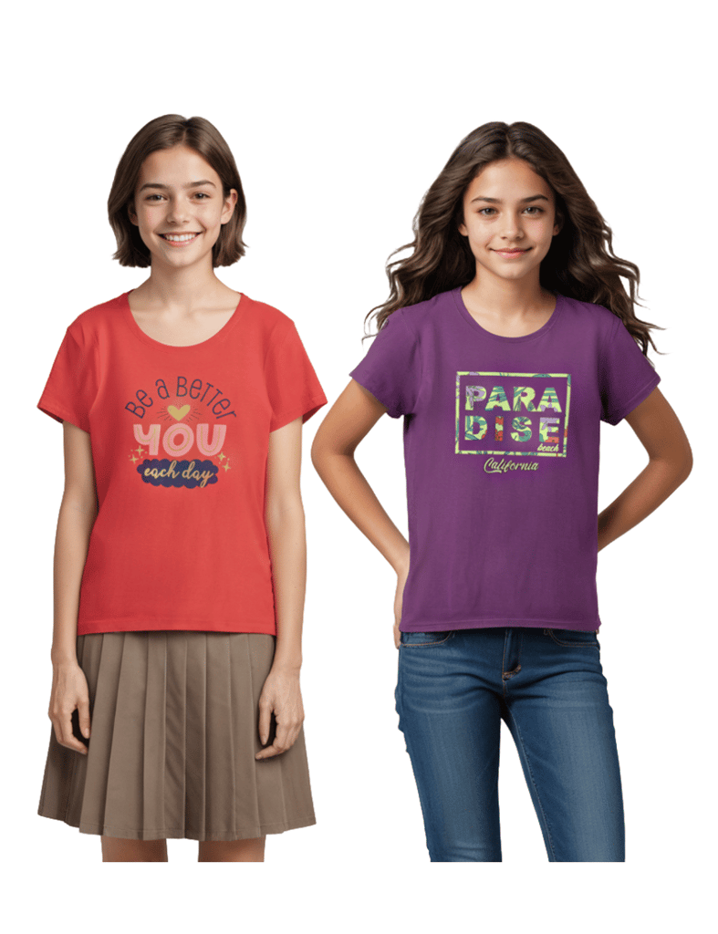 Trendy Kids Girls T-Shirt Hibiscus Red / Sparking Grape Violet, Soft Cotton, Ages 7-14 (2pcs pac Trendy Kids Girls T-Shirt Hibiscus Red / Sparking Grape Violet, Soft Cotton, Ages 7-14 (2pcs pac