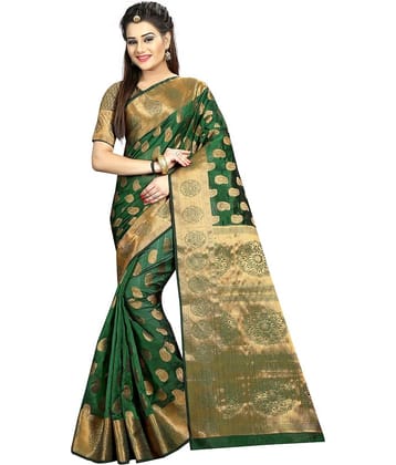 Gazal Fashions Banarasi Silk Printed Saree With Unstitched Blouse Piece ( Multicolor )