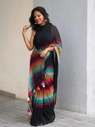 Black Linen Cotton Digital Printed Saree with Multicolor Stripes & Handmade Tassels