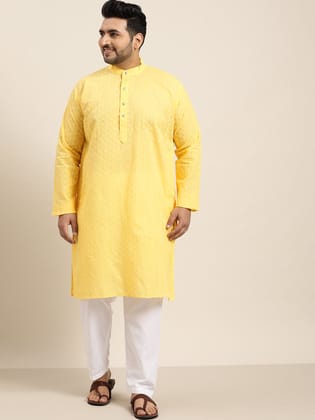 Men's 100% Cotton Yellow Chikankari Kurta & White Churidar Pyjama-44