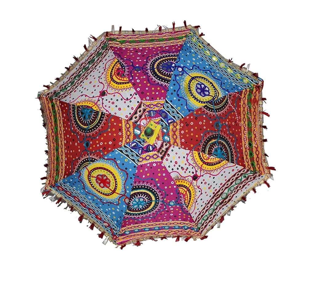 Rajasthani Embroidered Umbrella: Sun Protection and Party Decoration for Weddings, Anniversaries, Festivals, Diwali, Navratri and Events.