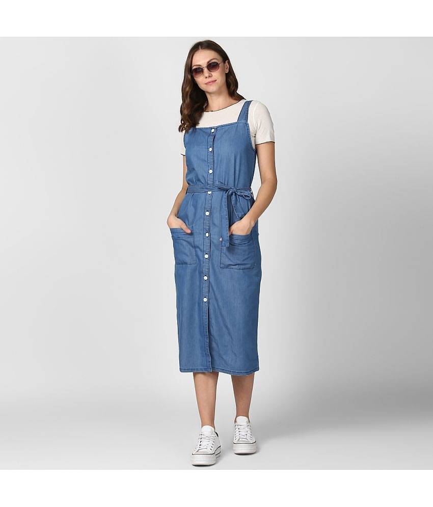 StyleStone Women Denim Fit & Flare Dress ( Blue )