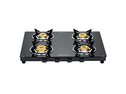 Surya Flame Creta Gas Stove 4 Burner Gas Stove, Brass Burners with Jumbo Option, Toughened Glass Top, Removable Drip Tray, Manual Ignition, 69%+ Efficiency, ISI Certified, 2-Year Warranty - Black