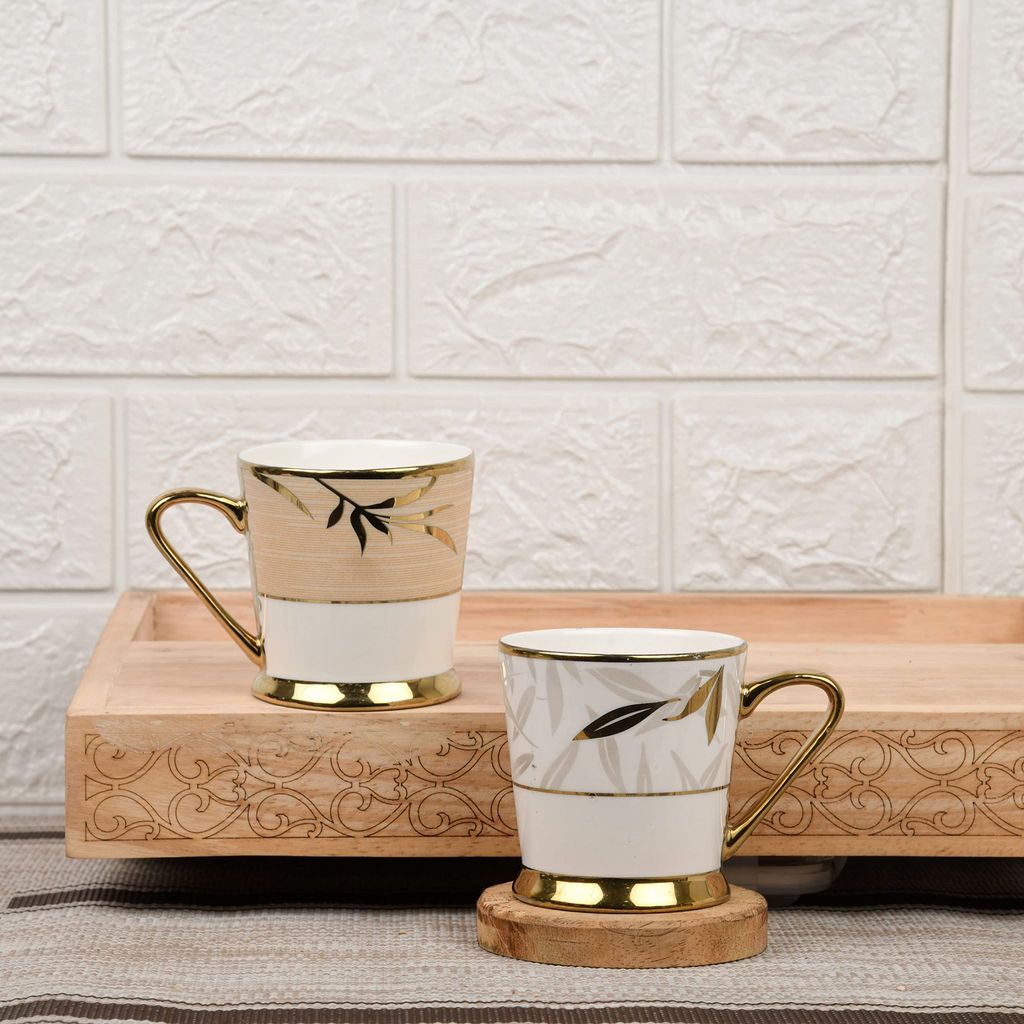 Femora Gold Floral Leaves Tea Mugs, Ceramic Tea Cups, Coffee Mugs (200 ml) - 6 Pcs Set