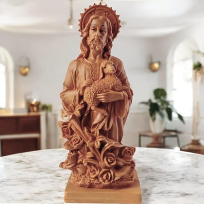 AMS Handcrafted Jesus Christ Idol Statue Holding Lamb, The Good Shepherd Jesus Scukpture Perfect for Christian Home Decor, Prayer, Office and Gifting 23 Cm