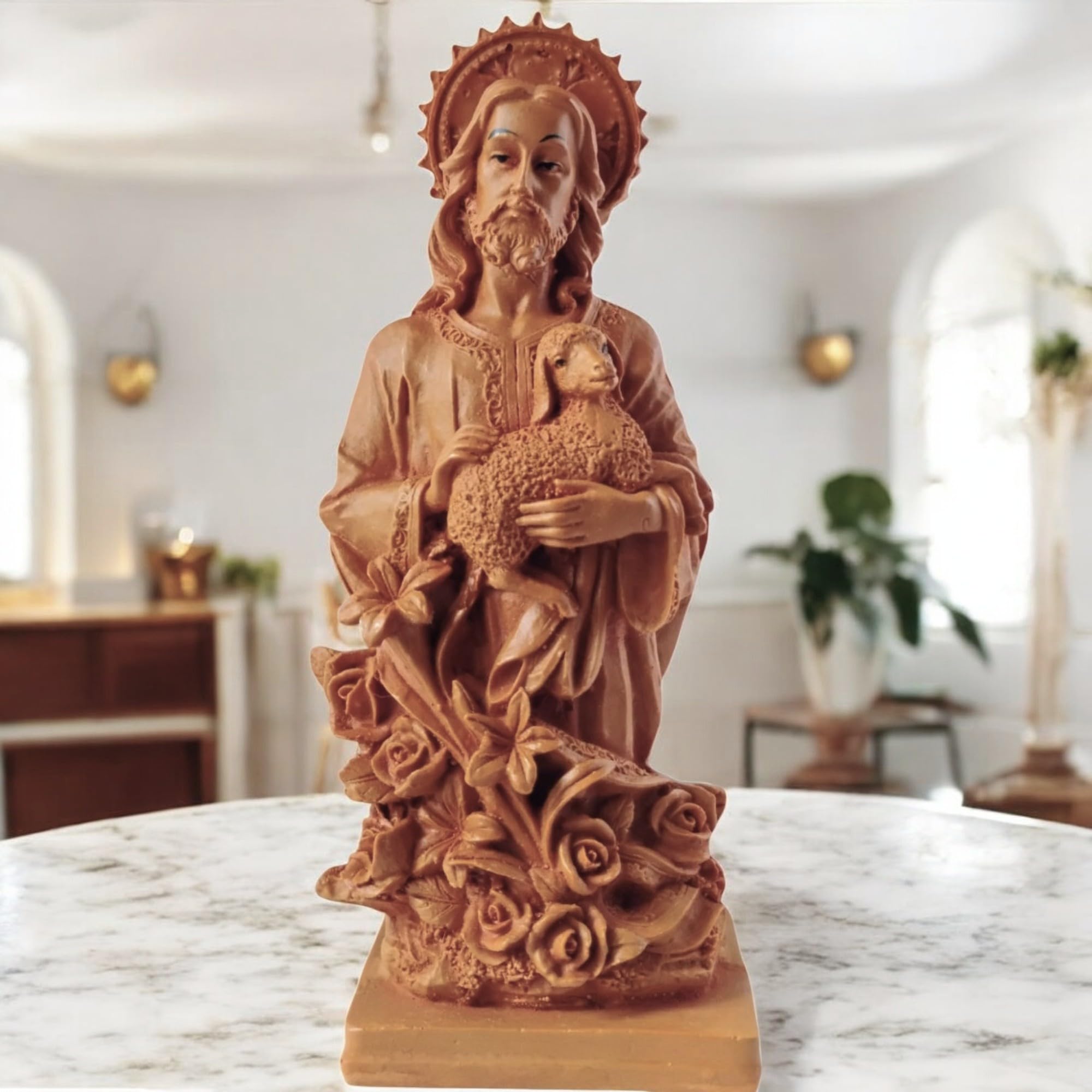 AMS Handcrafted Jesus Christ Idol Statue Holding Lamb, The Good Shepherd Jesus Scukpture Perfect for Christian Home Decor, Prayer, Office and Gifting 23 Cm