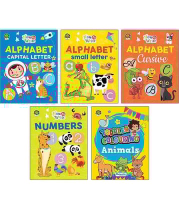 Writing Practice Books (Set of 5 Books) Fun in Writing English Capital, Small, Cursive letters, Number Writing and Animal Colouring books [Staple Bound]
