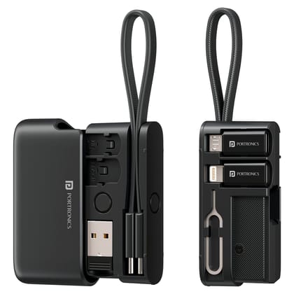 Portronics Snapcase Ultra Adapter, featuring an 8-pin adapter, Micro USB adapter, SIM card slots, Micro SD card holder, and SIM ejector pin in a compact and organized design - Black