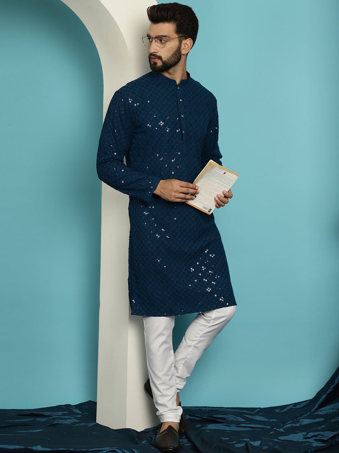 Men's Sequence Teal Blue Cotton Kurta and White Pyjama-36
