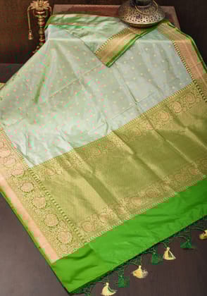 Dewy Green Banarasi Katan Silk Saree with Dense Butti and Parrot Green Border| SILK MARK CERTIFIED