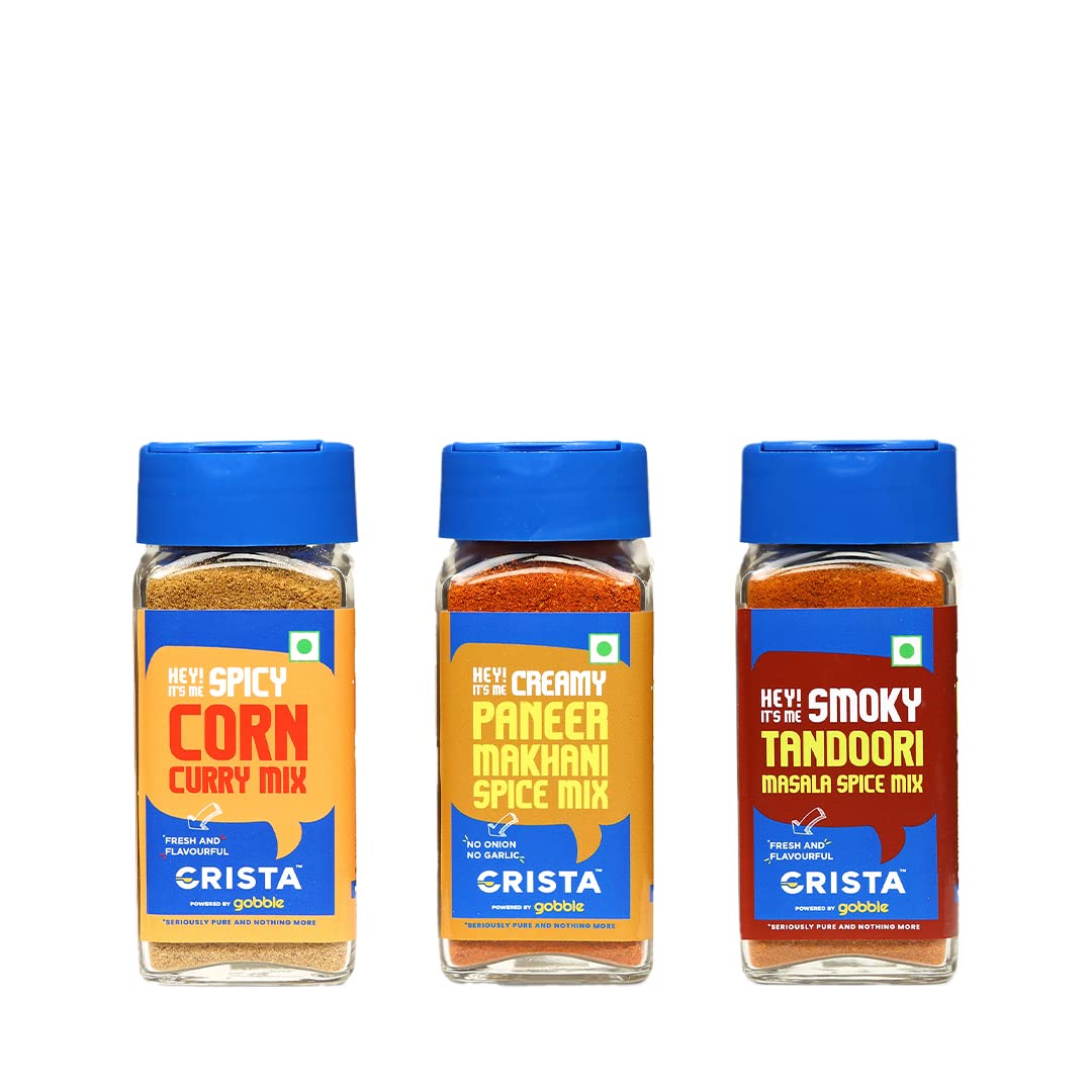 CRISTA Flavours of India - Gourmet Indian Spice Blends Combo (Makhani Gravy Spice Mix 50 gm, Tandoori Masala Spice Mix 45 gm, Spicy Corn Curry 45 gm) - Pack of 3