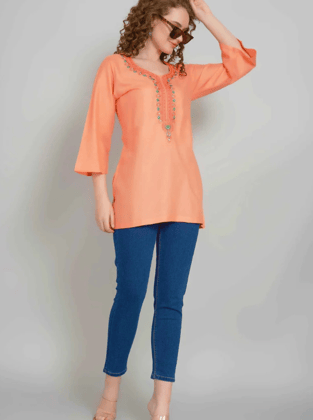 Sufiana Peach Orange Chikankari Kurti Loose Fit Tunic for Women