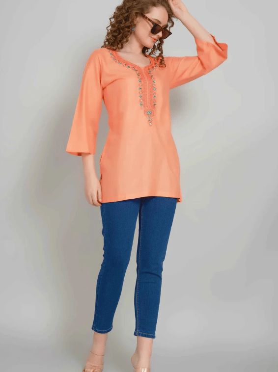 Sufiana Peach Orange Chikankari Kurti Loose Fit Tunic for Women