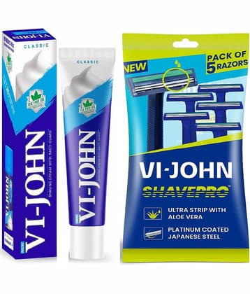 VI-JOHN Classic Shaving Cream 125g & Shave Pro Twin Blade Disposable Razor 5 PCS -Pack of 2
