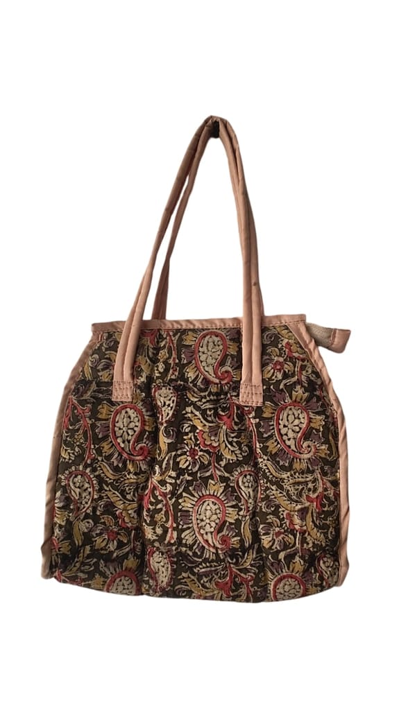 KALANKARI Handcrafted Paisley Print Cotton Tote Bag with Zipper Closure and Pink Lining
