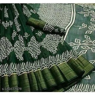 Green Colour Cotton Printed saree With Blouse Piece