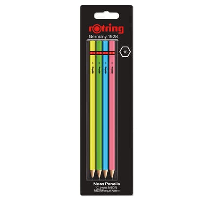 Rotring Woodcase HB Graphite Pencil, Neon Assorted Colours - Blister Pack of 4 Wooden Pencils
