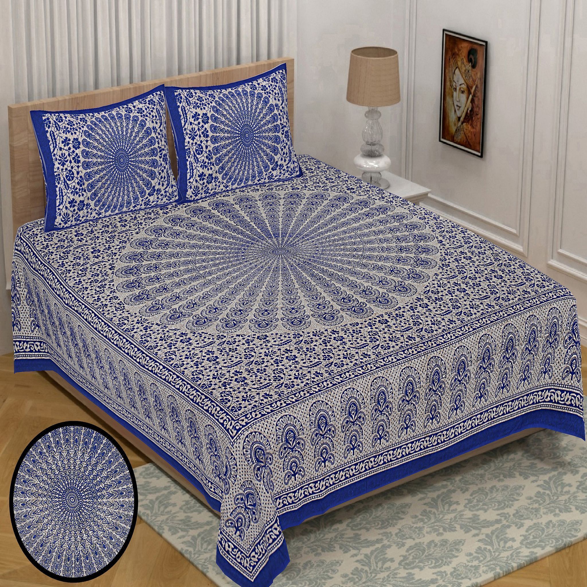 3001-Hometrade India-Standard King Size (90*108 Inches) Double Bedsheet With 2 Pillow Cover-RJ-14-Jaipur lining-3759