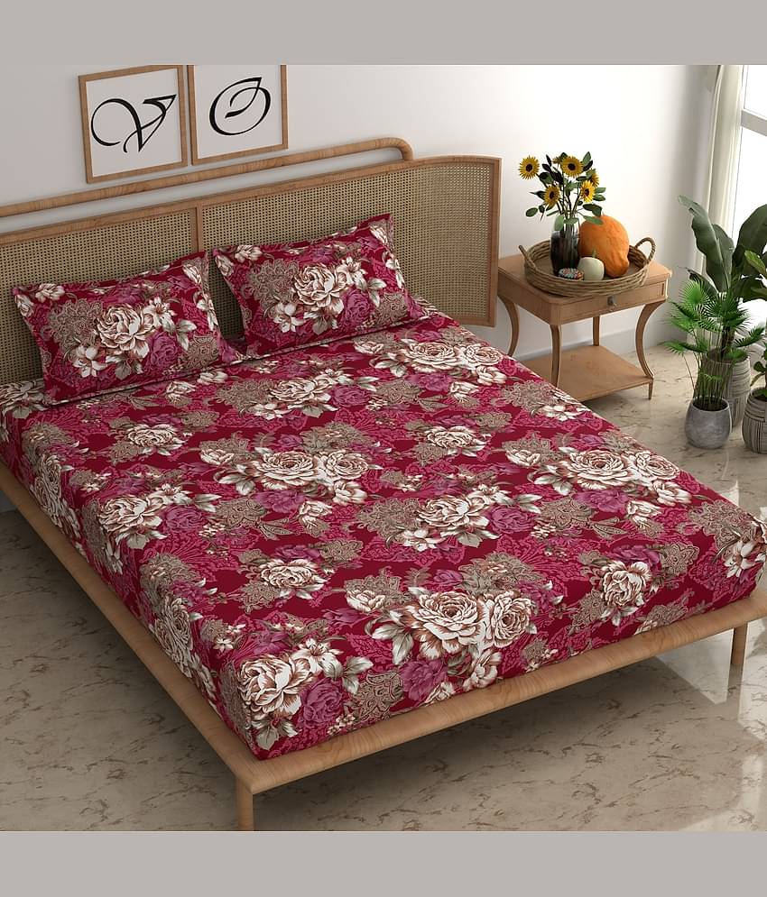 CG HOMES Microfibre Abstract Fitted Fitted bedsheet with 2 Pillow Covers ( Double Bed ) - Red