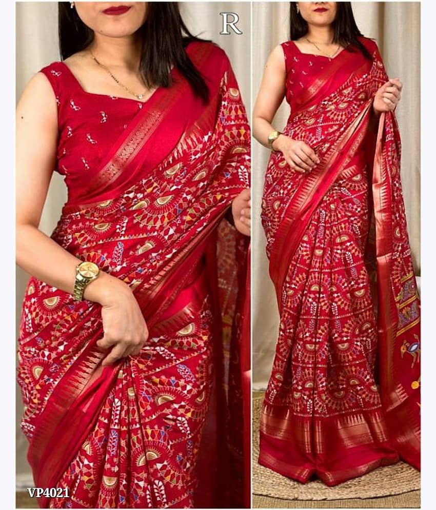 Bhuwal Fashion Art Silk Printed Saree With Unstitched Blouse Piece ( Red )