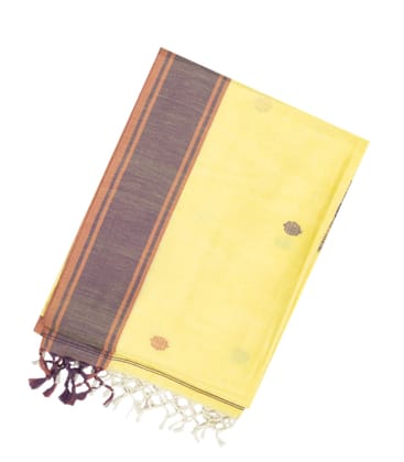 Light Yellow Handloom Bengal Cotton Saree With Floral Buttas-Yellow