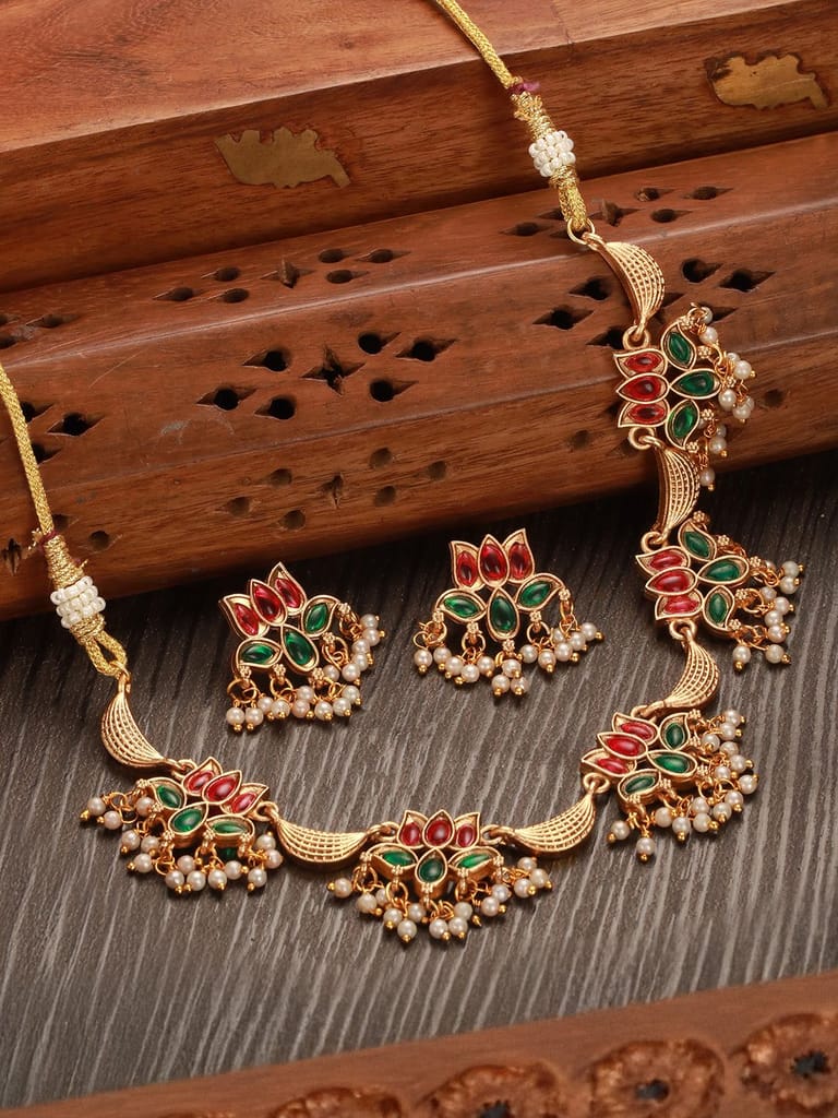 Gold Plated Red & Green Stone Studded Lotus Choker Jewellery Set - Jewellery Sets | Buy online on ZillyBuy