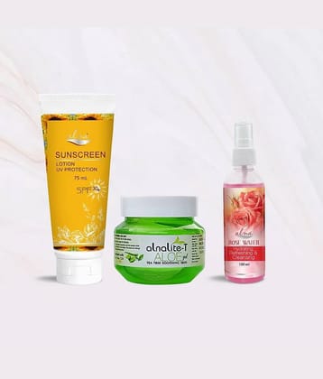 Alna Sunscreen Lotion SPF 30+ 75ml with Alnalite-T Aloe Gel 100gm & Rose Water 100ml , Pack of 3