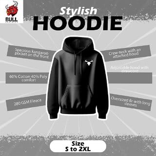 Bull Clothing Mens Side Logo Plain Oversized Cotton Black Hoodie  Premium Comfort  Streetwear Style (XL)
