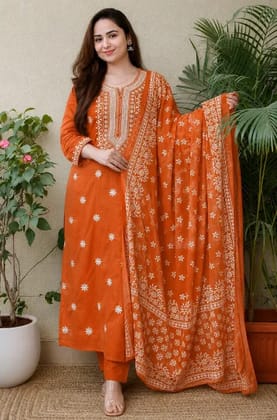 Vatudi Fashion Women Cotton Blend Kurta Pant Dupatta Set