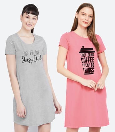 Womens Printed  Half sleeve Combo Night Dress (Pack of 2 )-XS / Grey Pink