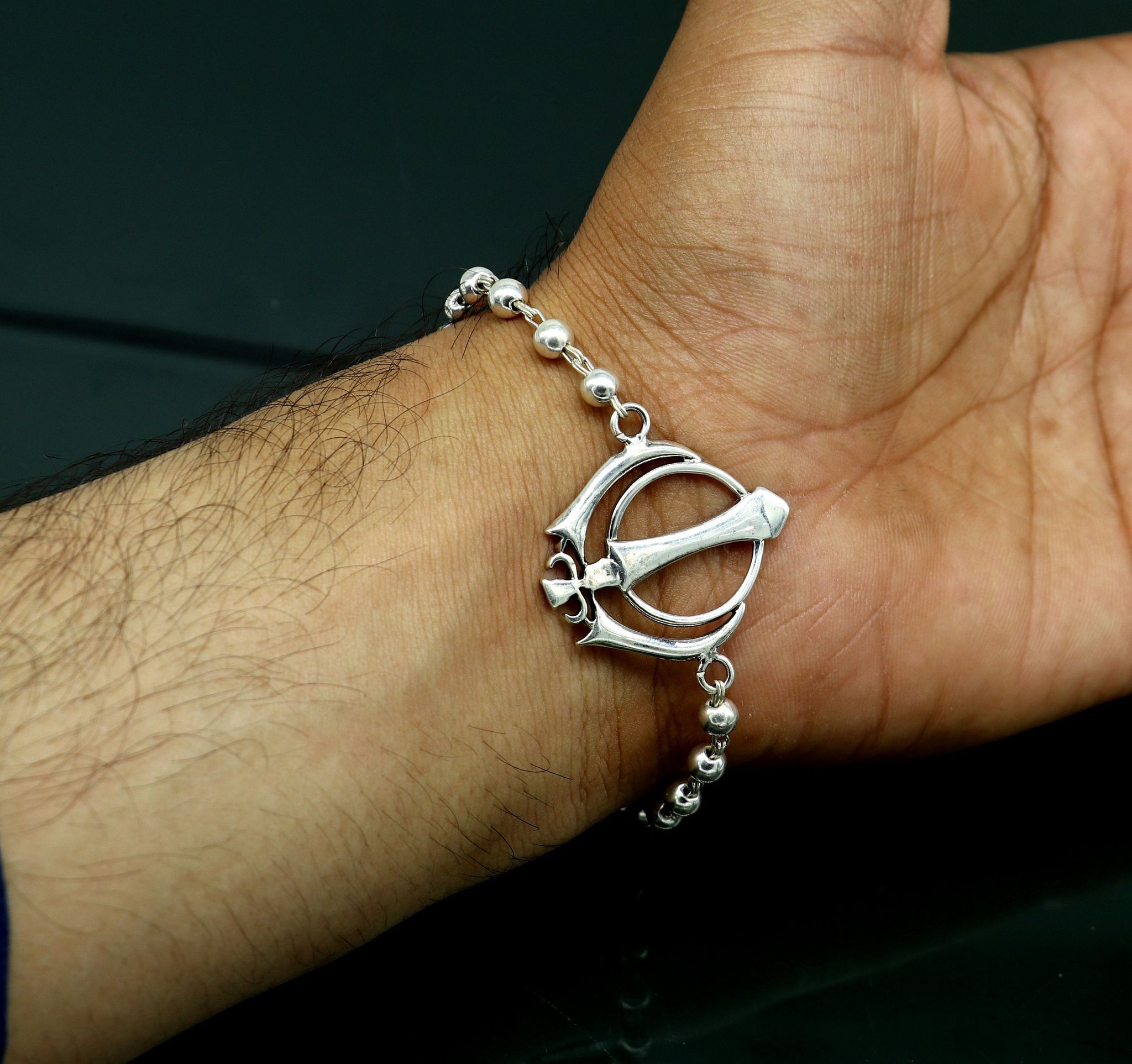 6 to 8.5" 925 Sterling silver customized beaded Wahe guru khalsa symbol bracelet best gift for your brother's for special personalized gifing rk19-6 inches