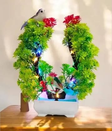Modo® Charming Green Artificial Bonsoi Tree with Multicolor LED Light & Pairs of Cute Sparrow for your Living Room, Dinning Room & Office Table