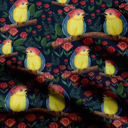 Watercolour Birds in Tulip Garden Print Fabric-Cotton