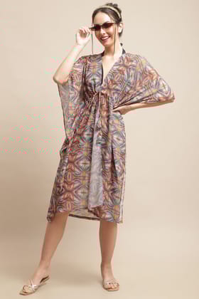 Multi Color Abstract Printed Georgette Coverup Robe Beachwear For Woman-ONESIZE