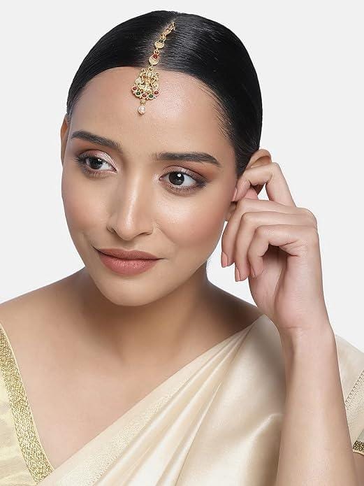 Red  Green Gold-Toned Brass-Plated Stone-Studded Temple Maan