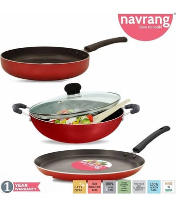 Navrang Nonstick Aluminium  4 PC Cookware Set Tawa 275 + Kadai 230+FRY PAN 230+GLASSLID
