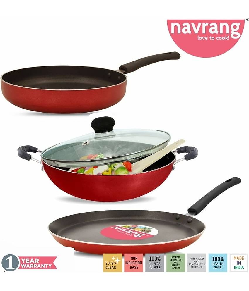 Navrang Nonstick Aluminium  4 PC Cookware Set Tawa 275 + Kadai 230+FRY PAN 230+GLASSLID
