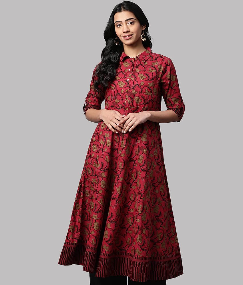 Yash Gallery - Maroon Cotton Women's Flared Kurti ( Pack of 1 )