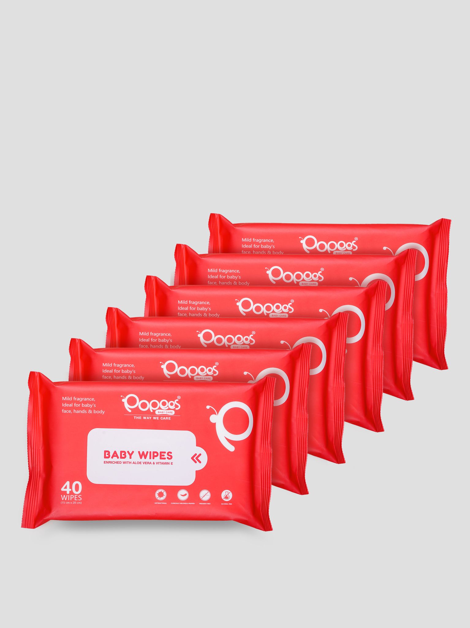 Popees Anti-bacterial Vitamin E & Aloe Vera Baby Wet Wipes - 40 PCS -Pack Of 6-40PCS