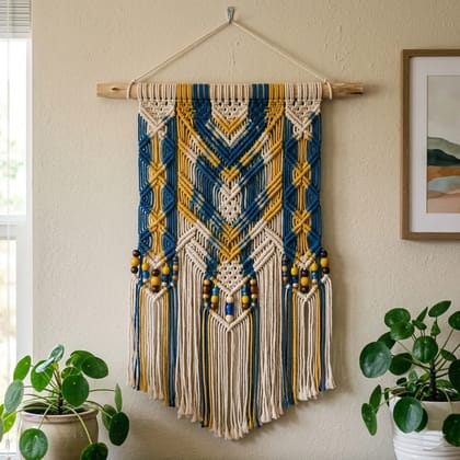 Handmade Macrame Wall Hanging Blue and Yellow Beaded Fringe Decorative Wall Art Pack of 1